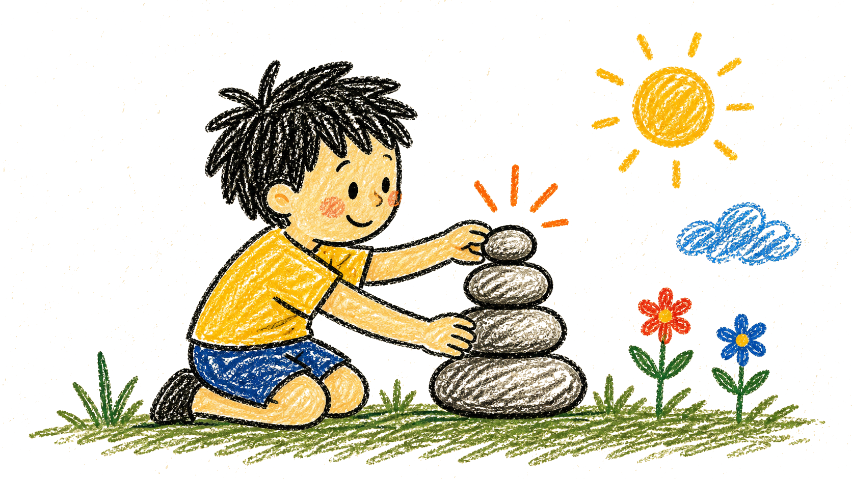 Crayon illustration of a child stacking stones on grass