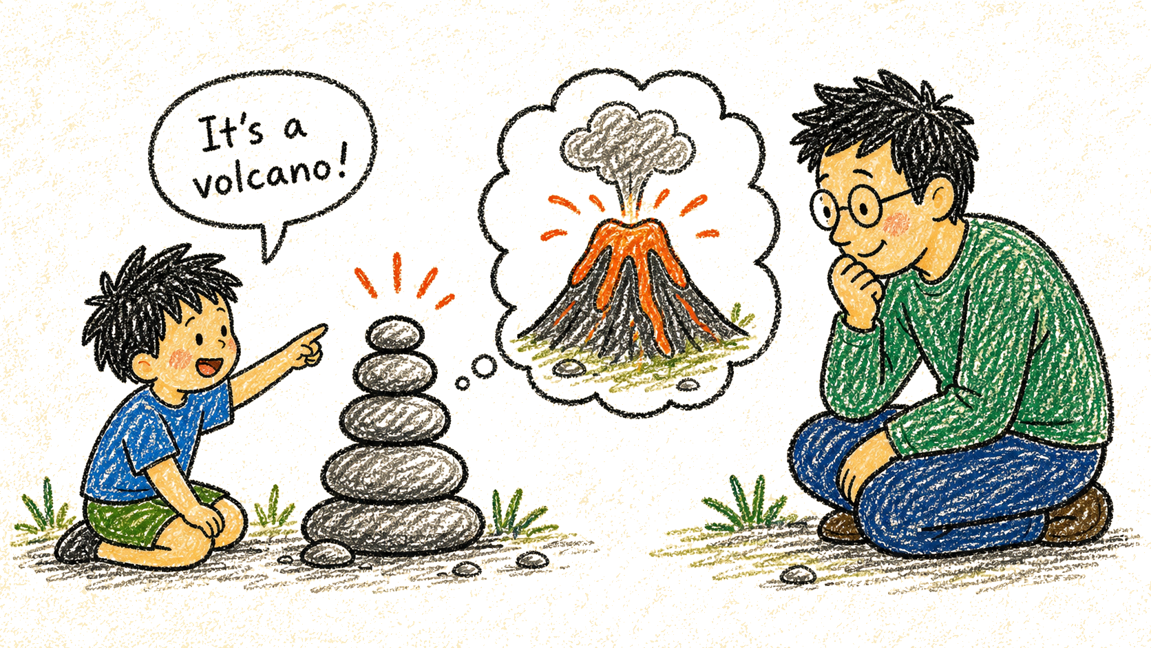 Crayon illustration of a child imagining a stone stack as a volcano with a parent nearby