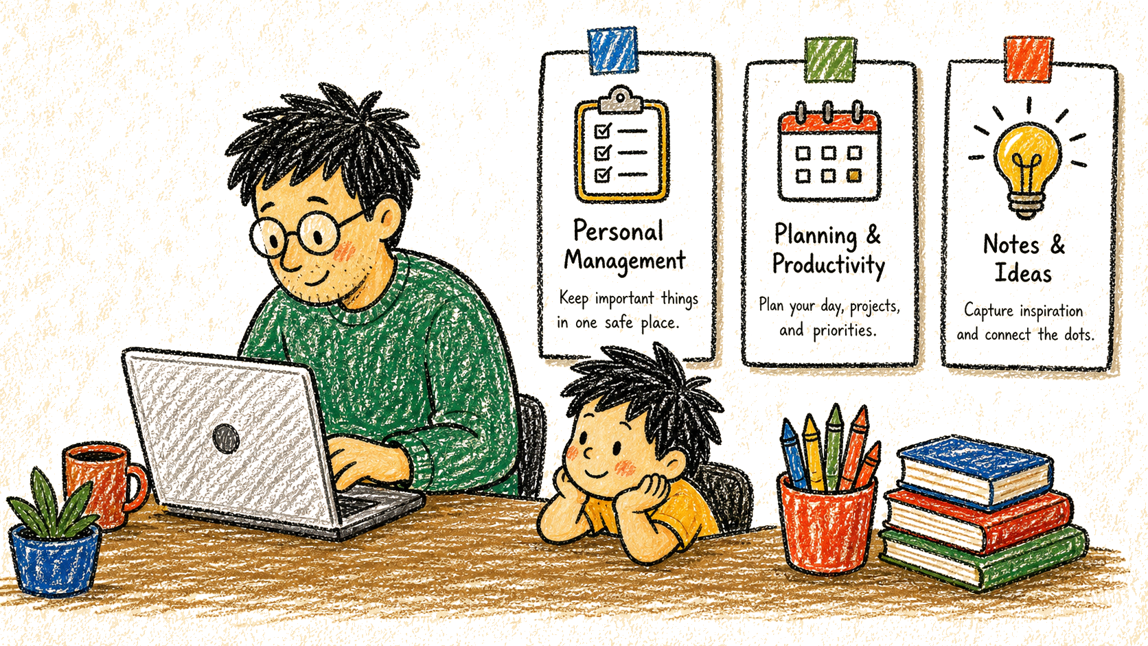 Crayon illustration of a parent working on a laptop with a child nearby and product cards